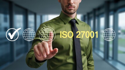 Businessperson selecting iso 27001 standard on interactive display.