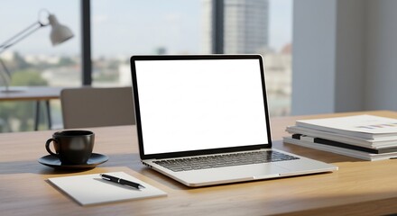 Fototapeta premium Modern Workspace: Laptop with Blank Screen, Coffee Cup, Pen, and Documents on Wooden Desk near Panoramic Window
