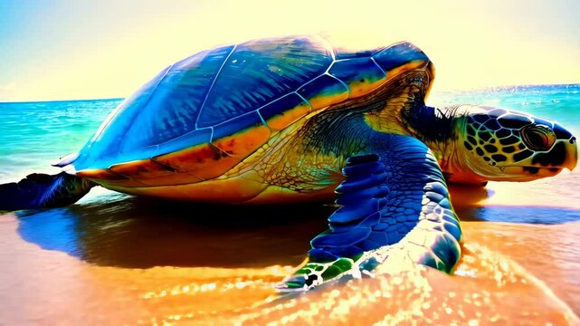 A vibrant sea turtle with a blue and brown shell emerges from turquoise waves onto a golden sandy beach under a bright sky. Concept of marine life and conservation