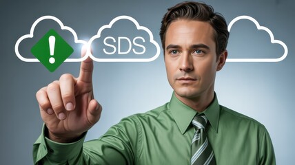 Businessman interacts with a cloud-based system showing a warning message.