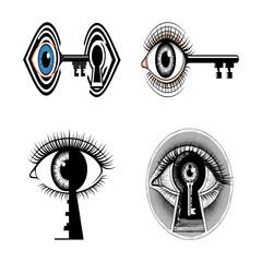 A collection of eye and key illustrations eyelashes and irises intricate linework, keyhole graphic design aesthetic on transparent background. 