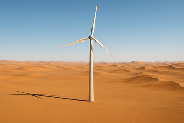 Wind Turbine in Scorching Desert – Renewable Energy Tower in Arid Heat with Blue Sky

