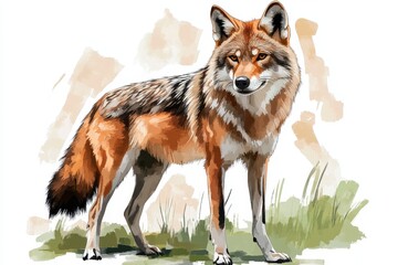 Obraz premium Wild coyote standing majestically in a grassy landscape during daylight with detailed fur patterns and alert expression