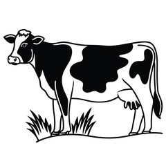 Black and white Holstein cow stands gracefully upon a grassy field outline drawing