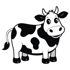 A cartoon Holstein cow stands cheerfully with black spots on its white body