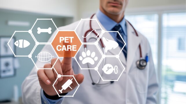 A veterinarian interacts with a pet care informational interface.