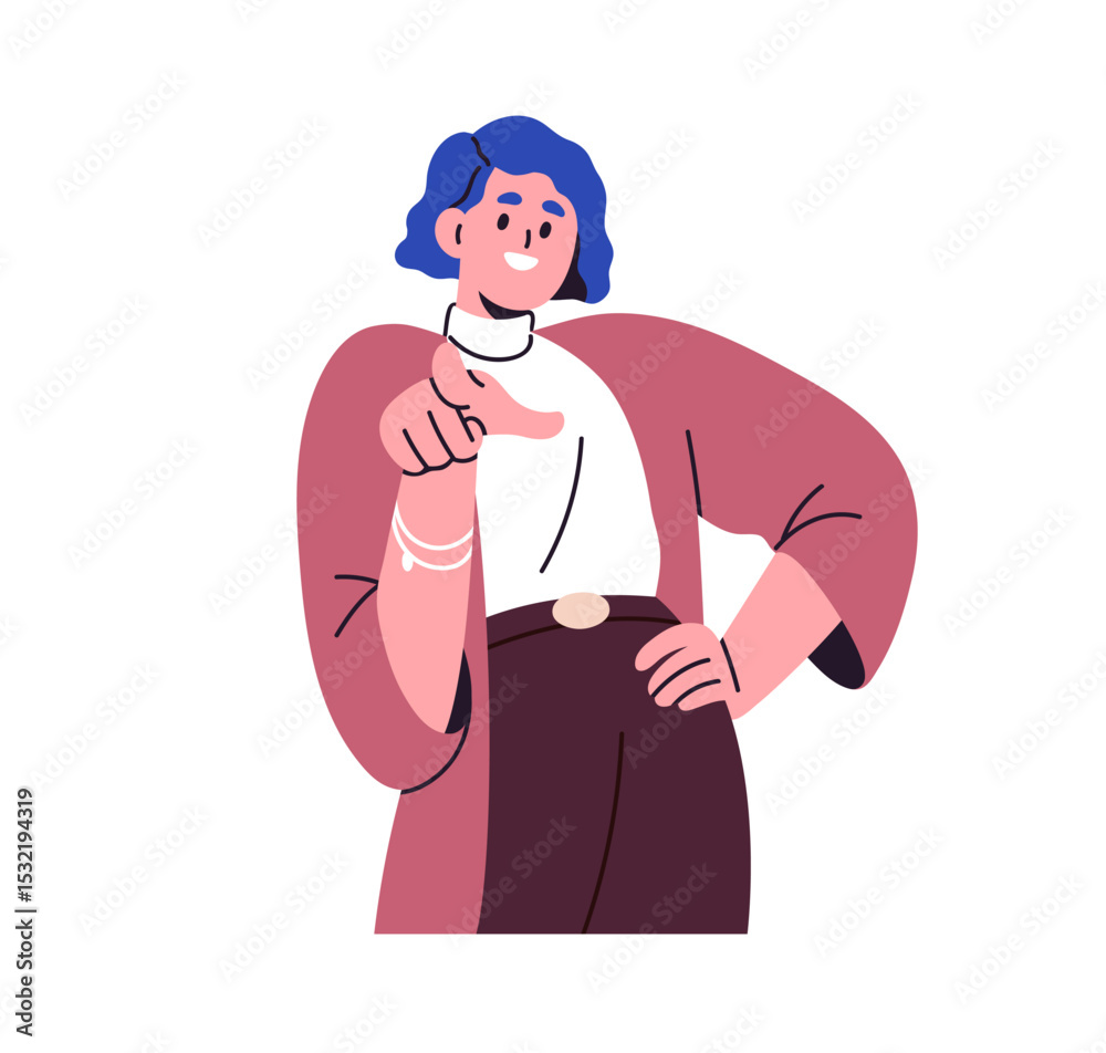 Poster smiling girl pointing forward with index finger. happy woman points in front of you, choosing, recru
