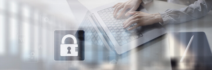 Cybersecurity Protecting Digital Assets with Security Protocols on a Wide Banner, Business and...