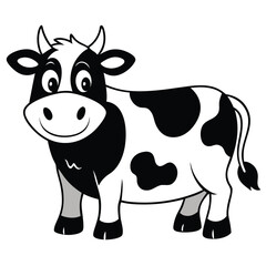 Cartoon cow standing cutely with black and white patches has gray hooves