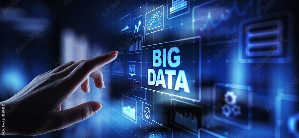 Sticker big data analytics platform, business intelligence and modern technology concept on vitual screen.