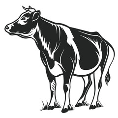 Monochrome Holstein cow stands in grass, showcasing bold stylized line art aesthetic