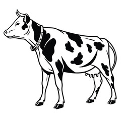 Spotted dairy cow stands gracefully with its distinctive collar in black and white