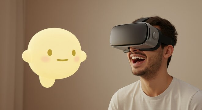 Happy man in VR headset interacting with a cute 3D character. Represents virtual reality, digital communication, and the exciting future
