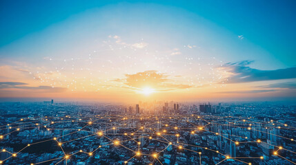 Smart city with connection network reciprocity over the cityscape social media networking systems that connects on the peak of success amid tall, innovative Smart city and graphs with statistics