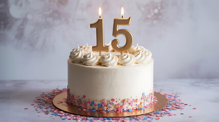Delicious fifteen year old birthday cake decorated with gold candles and confetti
