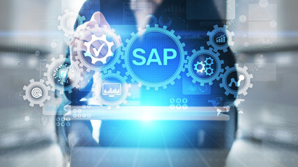 SAP - Business process automation software. ERP enterprise resources planning system concept on virtual screen.