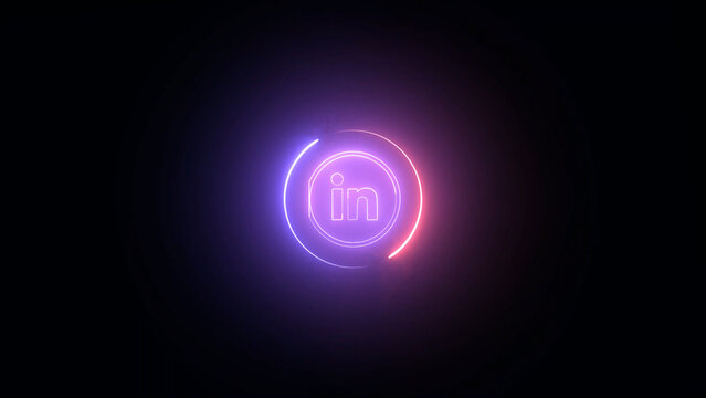 Neon LinkedIn Logo Glowing on a Black Background with Purple and Red Accents The image