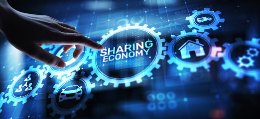 Sharing economy, innovation and future business technology concept on virtual screen.