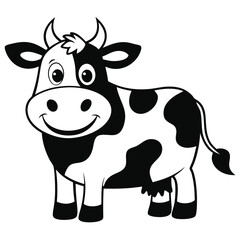 Cartoon cow with black and white spots stands with a happy smile