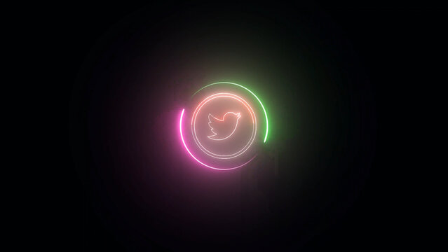 Neon Twitter Logo on Dark Background with Pink and Green Glowing Circle Border glowing neon - Powered by Adobe