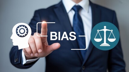 A person interacting with a digital interface displaying concepts of bias and fairness.