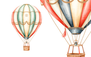 A watercolor illustration of two vintage hot air balloons side by side against a white background.