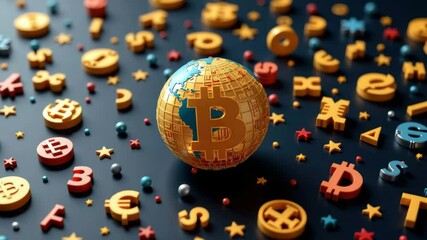 A globe with a Bitcoin symbol is surrounded by various colorful currency and crypto symbols on a dark surface. - Powered by Adobe