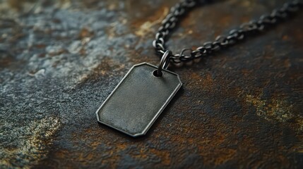 Close up of a metal dog tag pendant necklace on a textured dark surface with a chain visible