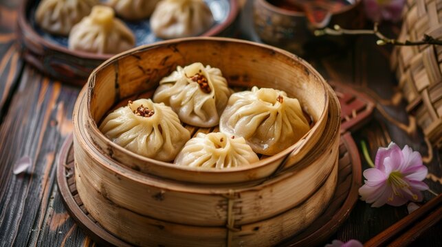 A steaming basket of Mongolian buuz, savory steamed dumplings filled with meat, traditionally enjoyed during Tsagaan Sar