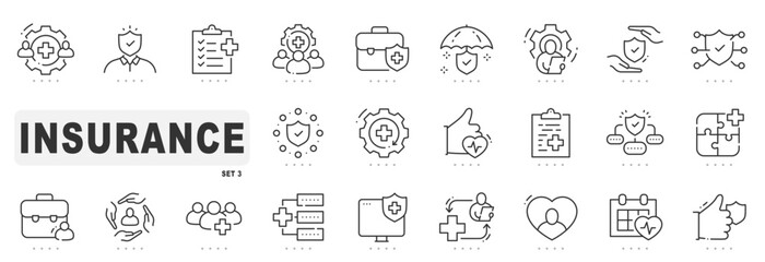 Set of insurance related line icons. Care, protection, health etc. Editable stroke. Set 3