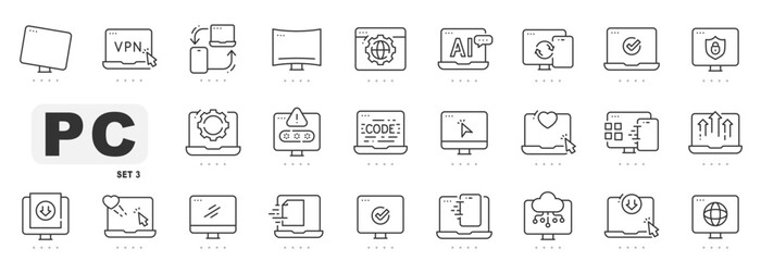Naklejka na ściany i meble Set of computer related line icons. Laptop, monitor, computing, pc etc. Editable stroke. Set 3