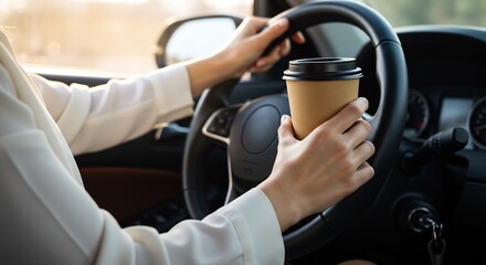 Naklejka premium Woman driving a car and holding a takeaway coffee cup