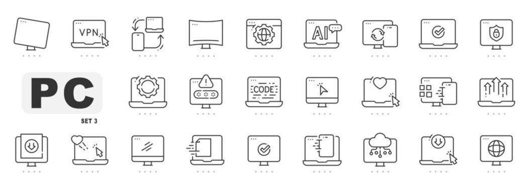 Set of computer related line icons. Laptop, monitor, computing, pc etc. Editable stroke. Set 3