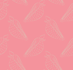 Seamless pattern of linear green strawberry quarters on pink background. Ideal for packaging, backgrounds and item design.