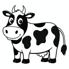 Cartoon spotted cow stands happily, showing its udder and curved horns