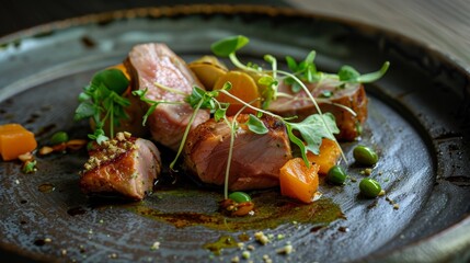 Luxembourg's national dish: judd mat gaardebounen, featuring slices of smoked pork collar served with savory broad beans in a sauce, on a ceramic plate.