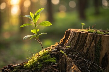 New Life Sprouting from Old Tree Stump Nature Scene Sunlight Forest Growth Regeneration