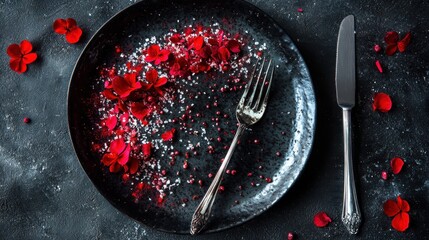 Dark plate with red flowers and decorative sprinkles.