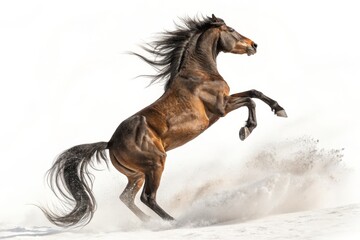 Majestic brown horse powerfully rearing up on snow background showcasing its strength and elegance in a breathtaking equine display.