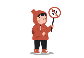 cute child holds a -No Bullying- sign promoting kindness and respect Soft colors and a cheerful illustration style create a positive message Ideal for educational and social campaigns