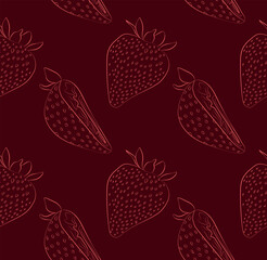Seamless pattern with a line drawing of whole strawberries and their halves on a burgundy background. Hand-drawn outline fruits in red tones.