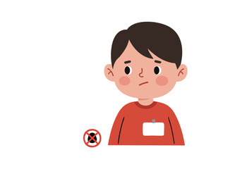 A thoughtful young boy wears a safety badge and looks at a plant with a 'no' symbol. Soft colors and a simple style create a gentle, approachable image.