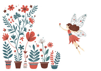 A whimsical fairy flutters amidst blooming flowers in decorative pots. A magical, soft illustration perfect for greeting cards and children's designs.
