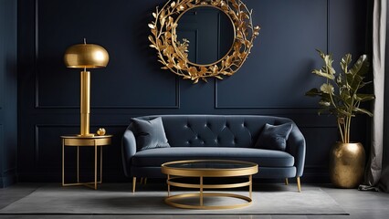 Elegant Navy Blue Living Room with Golden Accents and Decor