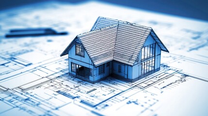 Architectural Model Home on Blueprint