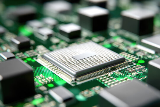 Close up view of computer circuit board featuring central processing unit surrounded by various electronic components, showcasing intricate design and technology - Powered by Adobe