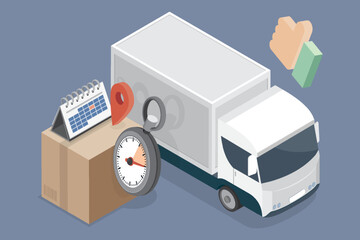 Logistics, delivery and online shopping concept. Delivery van with box, calendar and stopwatch. 3d vector flat isometric Illustration.