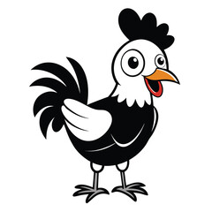 Cheerful rooster character displays striking cartoon eyes and a vibrant orange beak on white