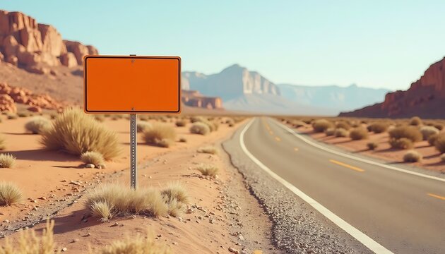Desert road with orange sign and mountain landscape in the background. - Powered by Adobe