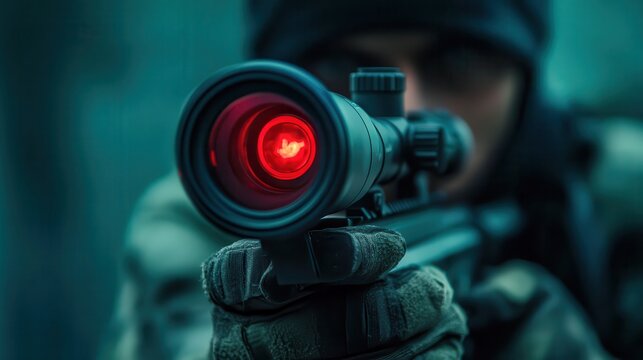Close up of a sniper rifle scope with a red dot sight held by a person in camouflage gear